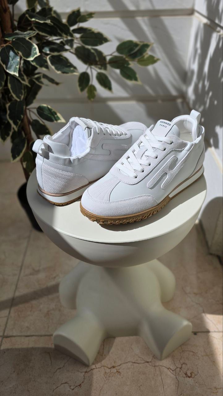 Hermes White Leather and Suede Sneakers