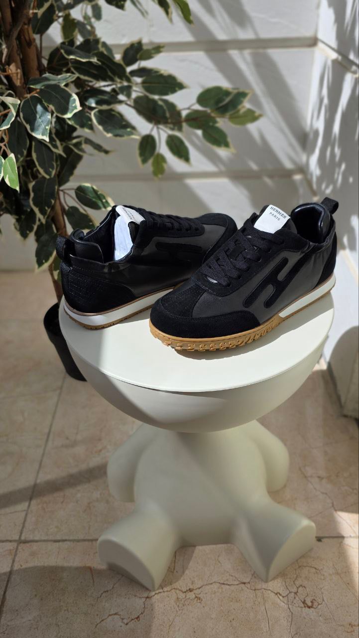 Hermes Black Leather and Suede Sneakers