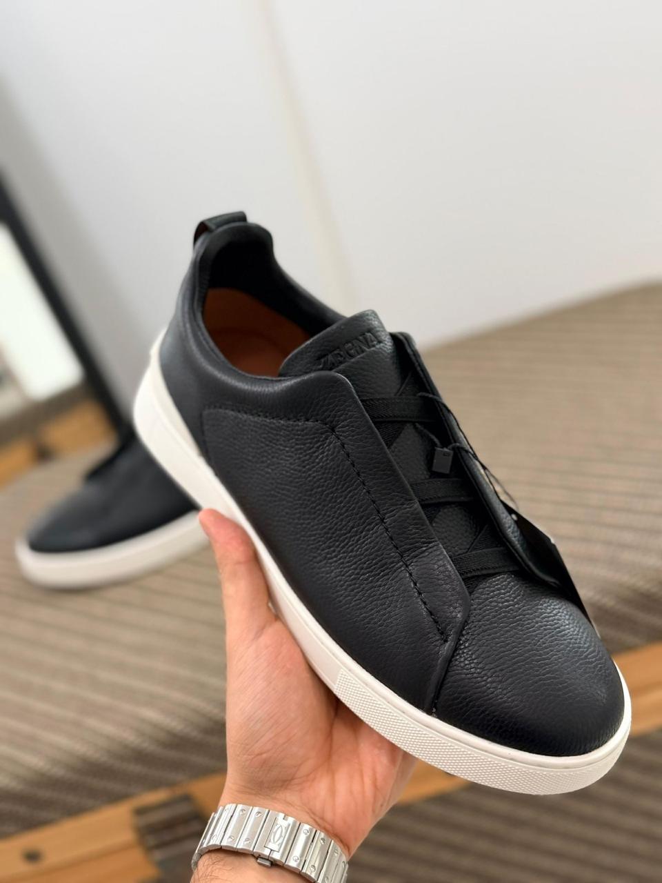 Zegna Black Leather and Suede Slip-On Sneakers