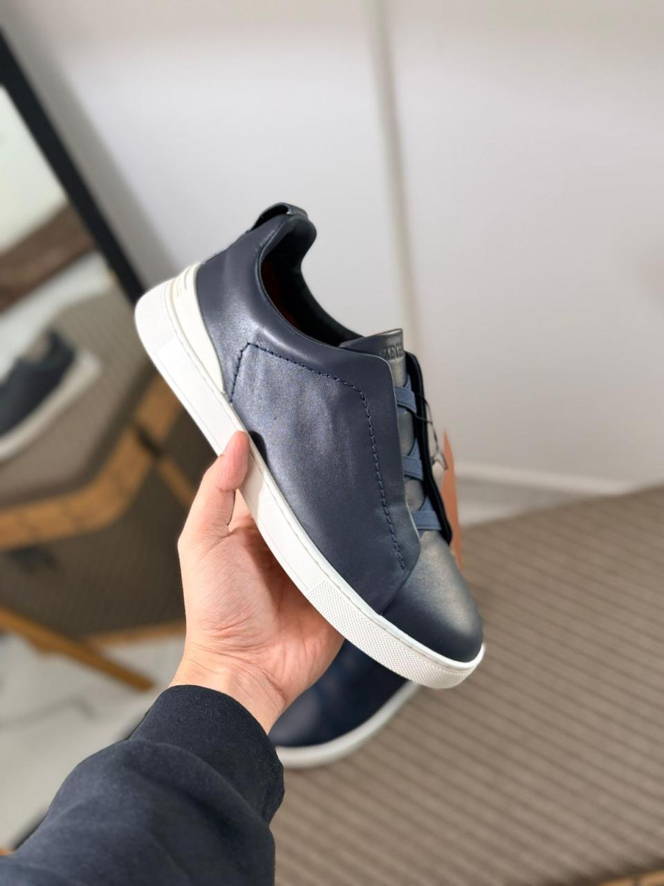 Zegna TerraFlex Smooth Leather Slip-On Sneakers – Navy Edition