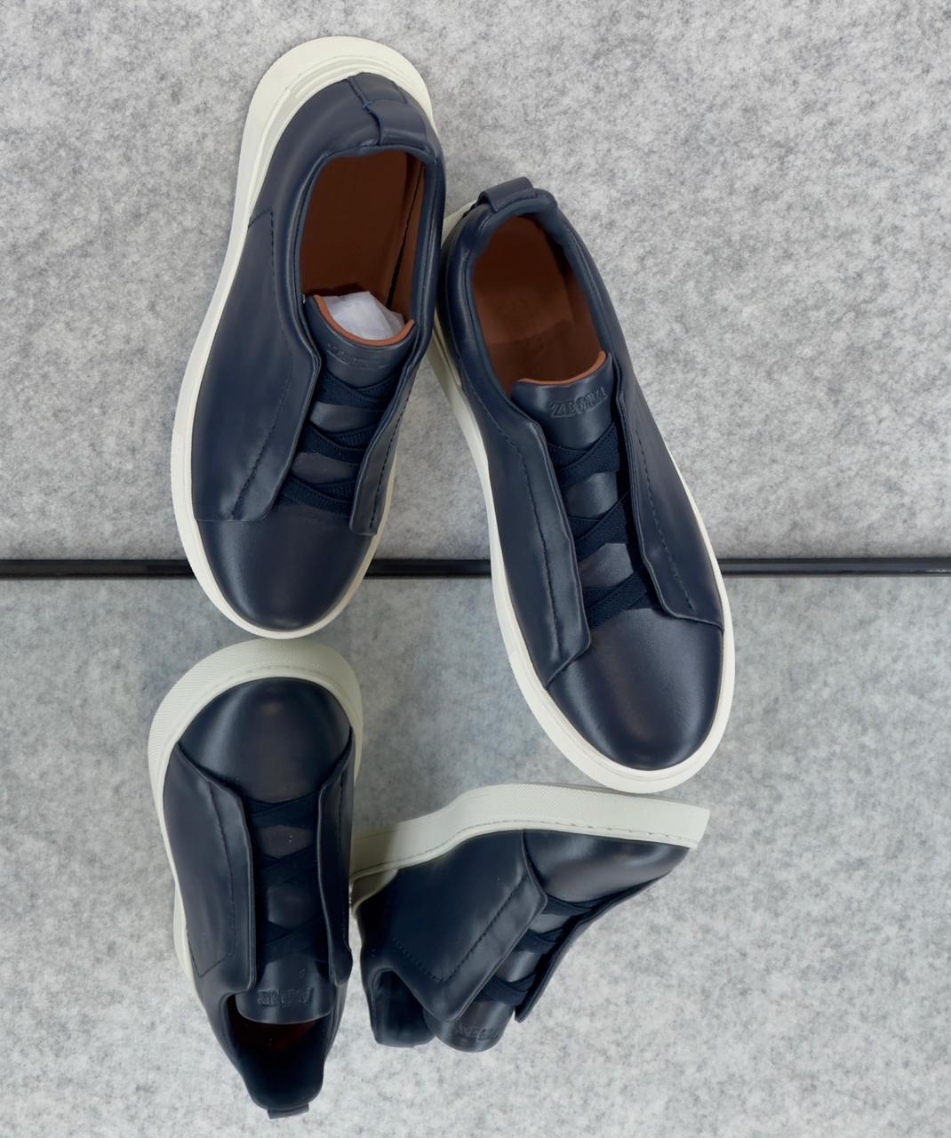 Zegna TerraFlex Smooth Leather Slip-On Sneakers – Navy Edition