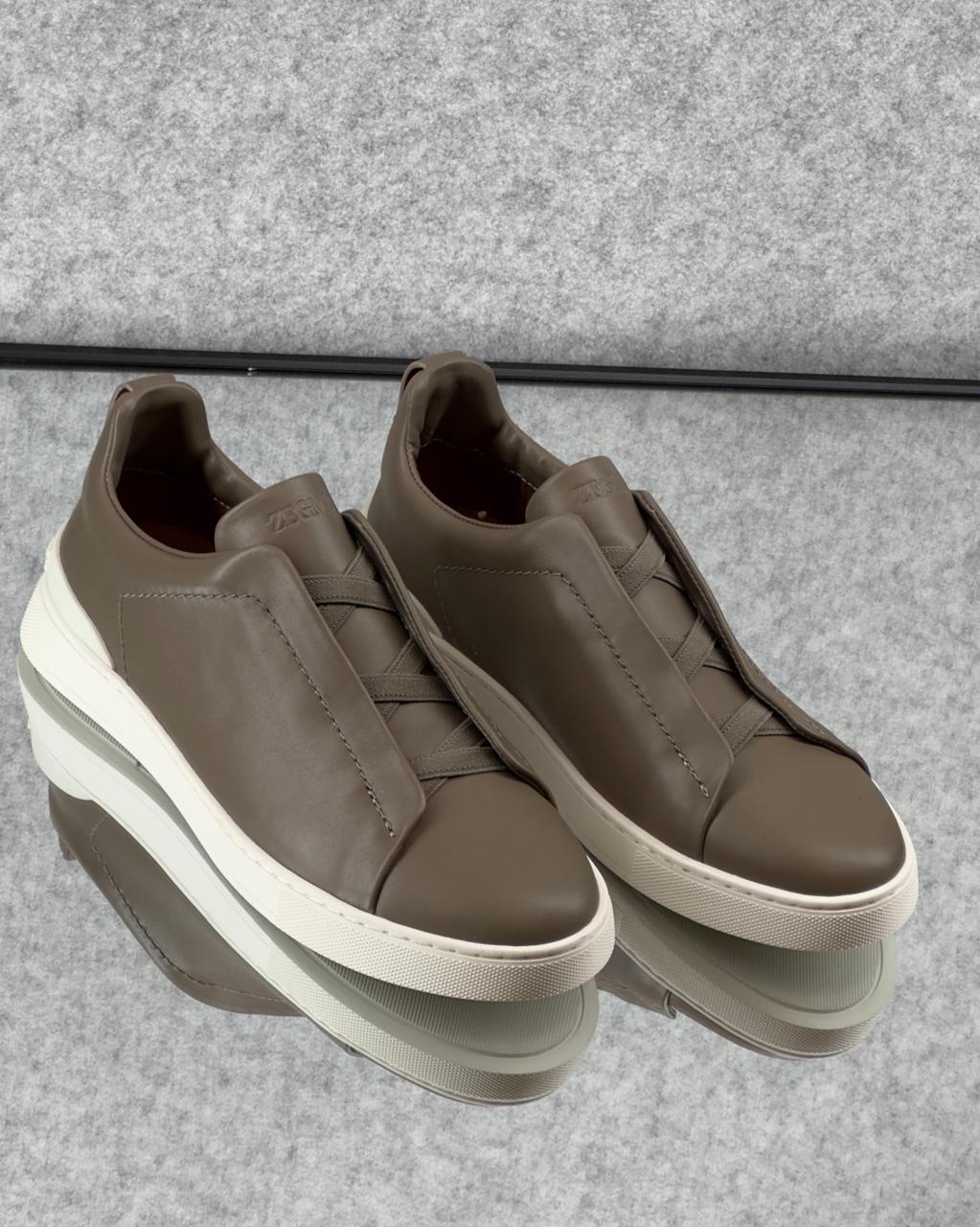 ZEGNA Triple Stitch™ Taupe Leather Sneakers