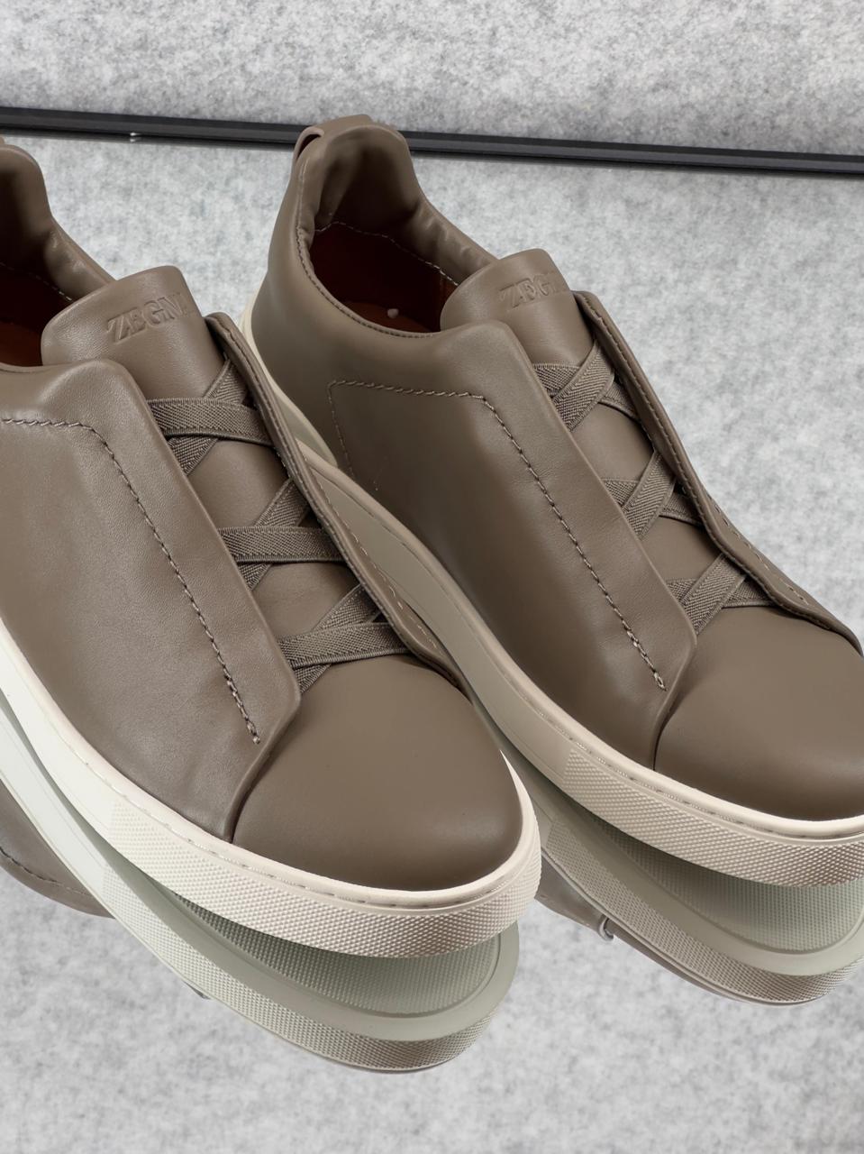 ZEGNA Triple Stitch™ Taupe Leather Sneakers