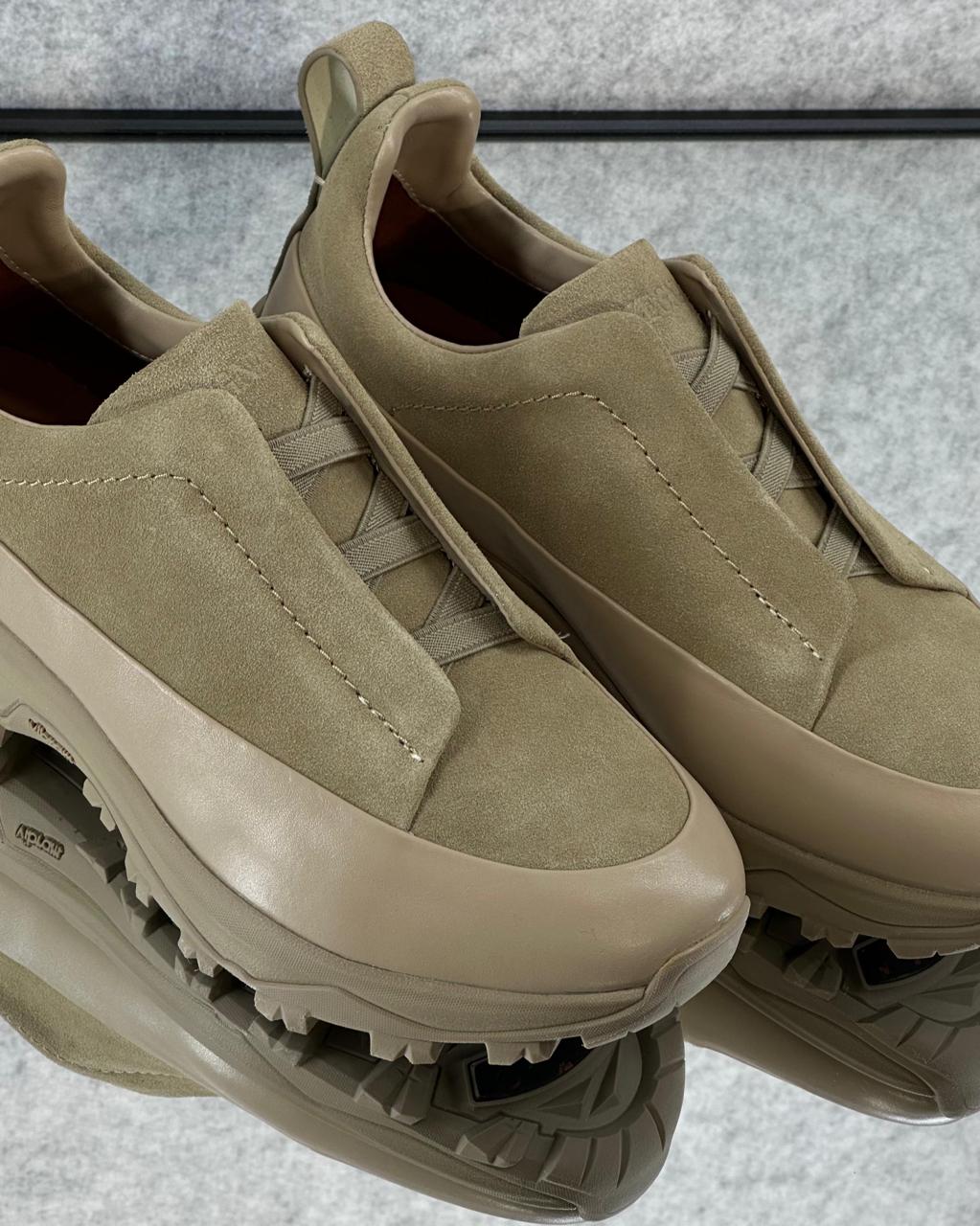 Zegna Beige Suede Utility Slip-On Sneakers