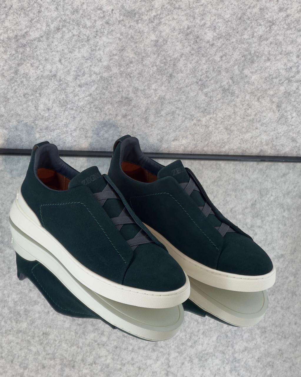 Zegna Dark Green Suede Slip-On Sneakers