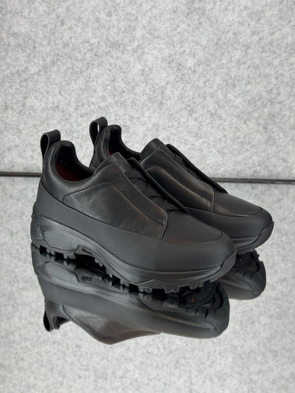 Zegna Black Leather Utility Slip-On Sneakers