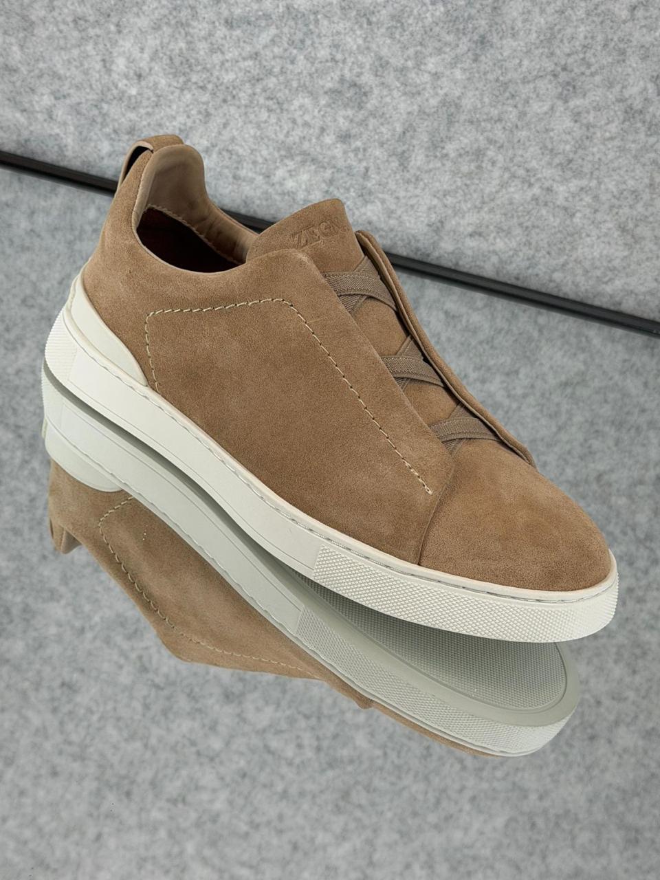 Zegna Tan Suede Slip-On Sneakers