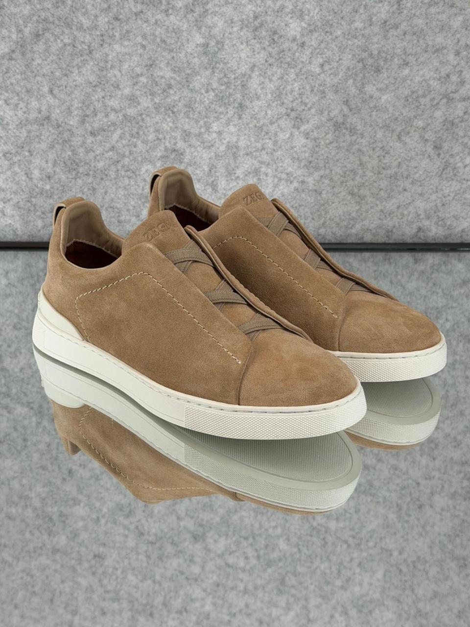 Zegna Tan Suede Slip-On Sneakers