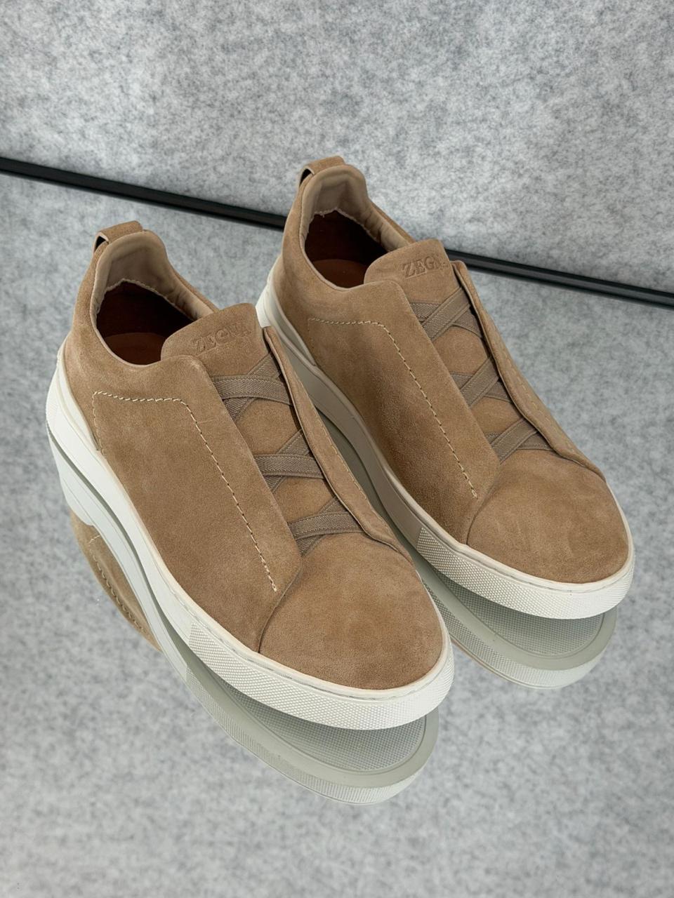 Zegna Tan Suede Slip-On Sneakers
