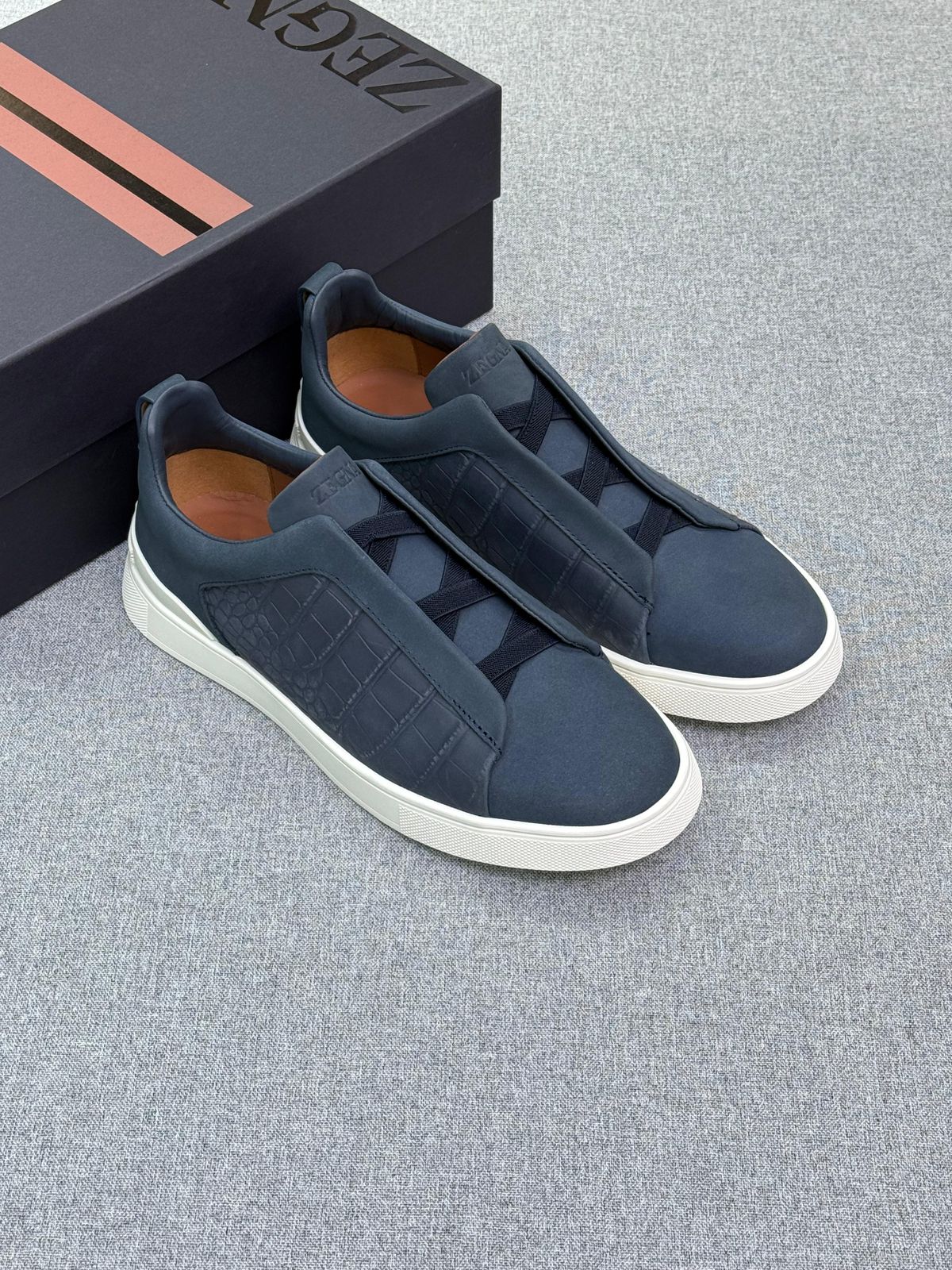 Zegna Navy Croc-Embossed Slip-On Sneakers