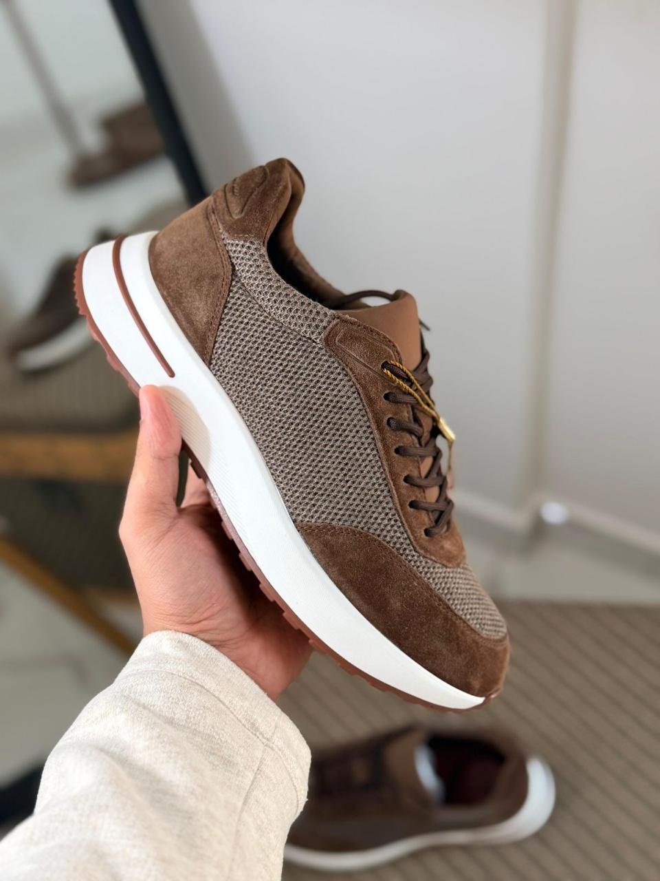 Loro piana Brown Mesh & Suede Low-Top Sneakers