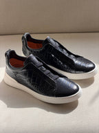 Zegna Croc-Embossed Leather Lace-Cover Sneakers