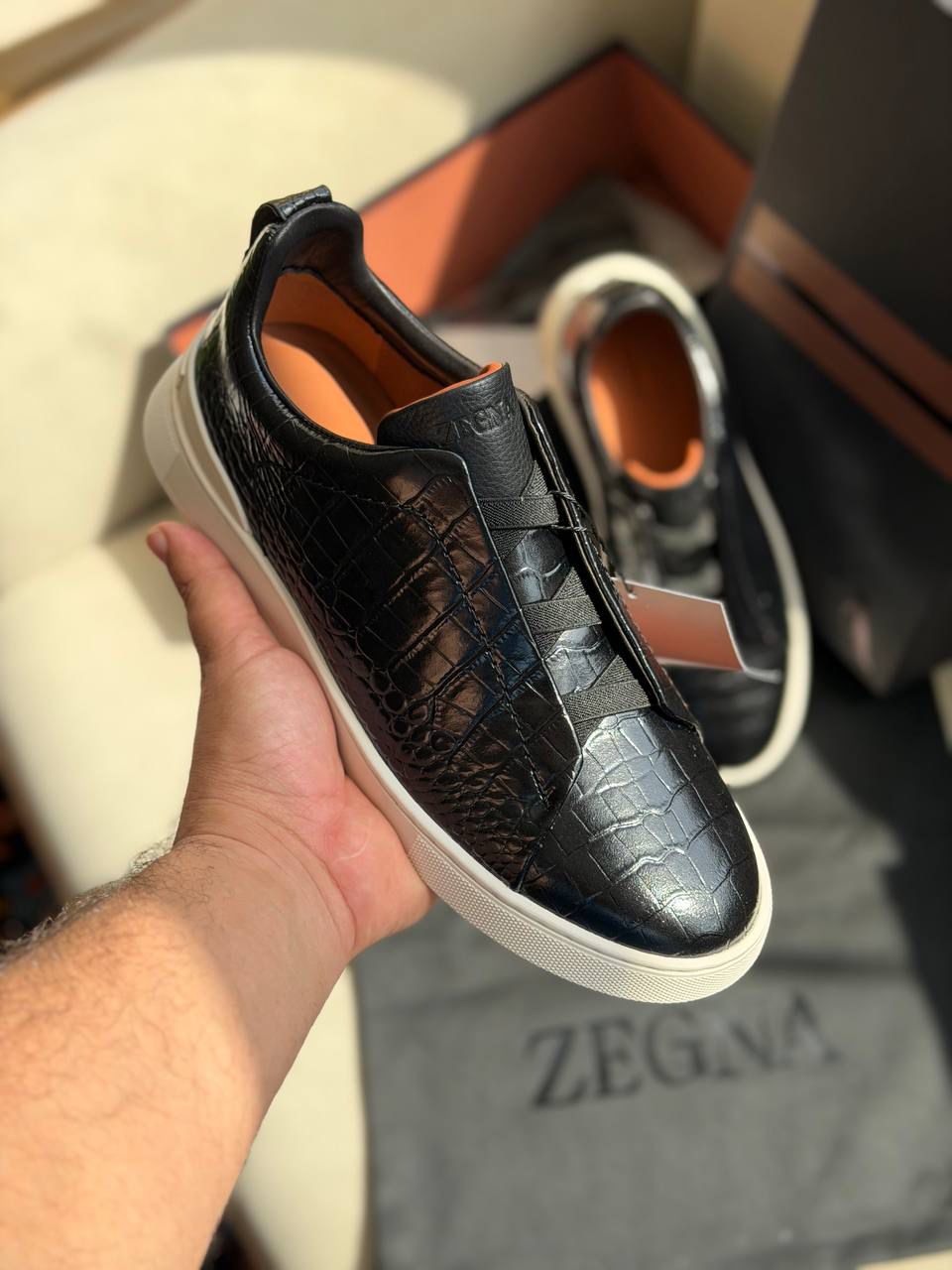Zegna Croc-Embossed Leather Lace-Cover Sneakers