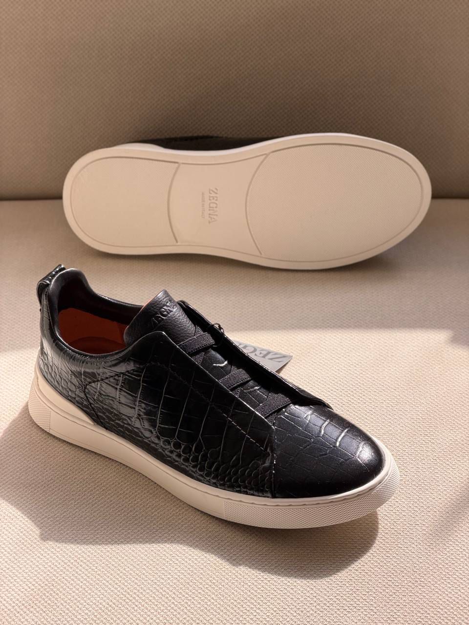 Zegna Croc-Embossed Leather Lace-Cover Sneakers