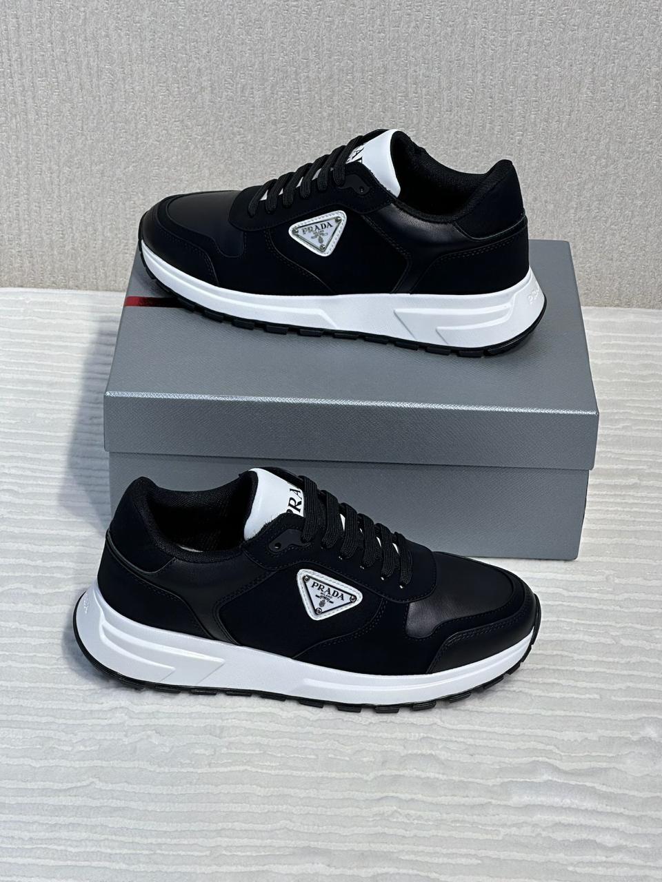 Prada Macro Leather and Re-Nylon Sneakers (Black)