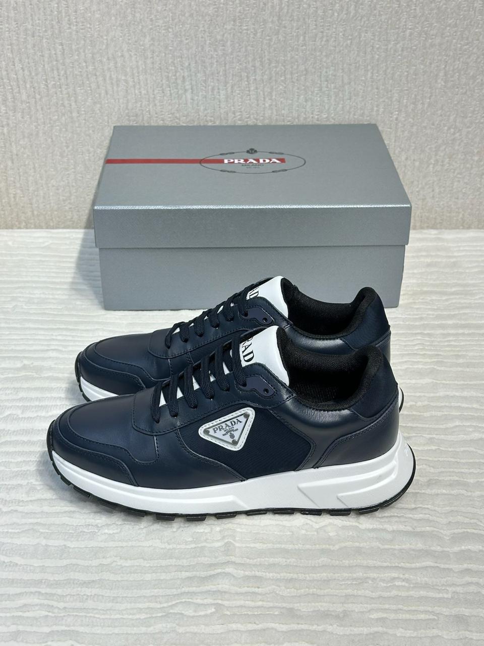 Prada Macro Leather and Re-Nylon Sneakers (Navy)