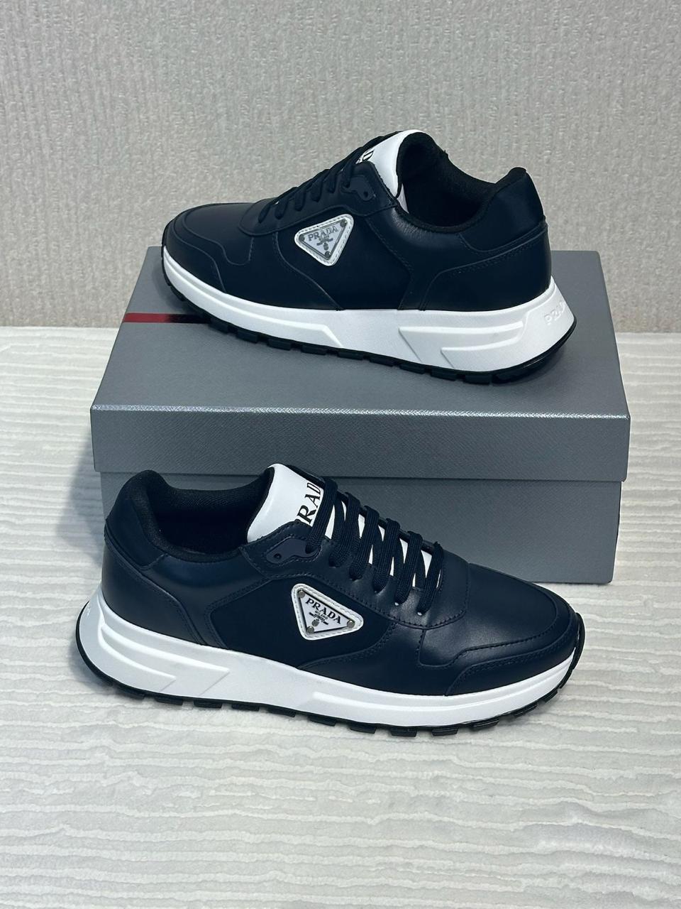 Prada Macro Leather and Re-Nylon Sneakers (Navy)