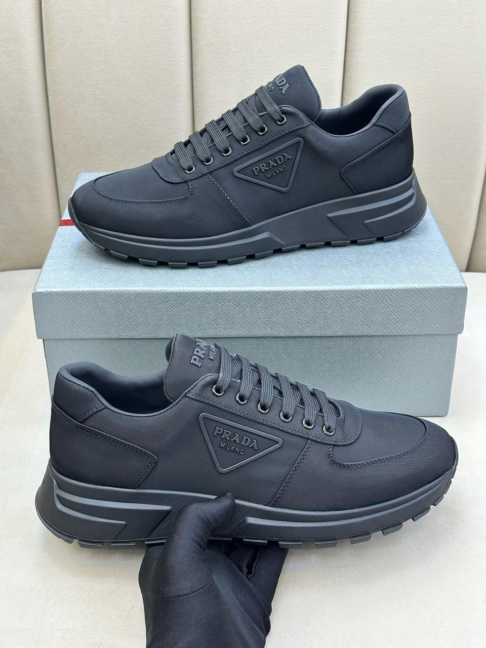 Prada Re-Nylon and Brushed Leather Sneakers (Triple Black)