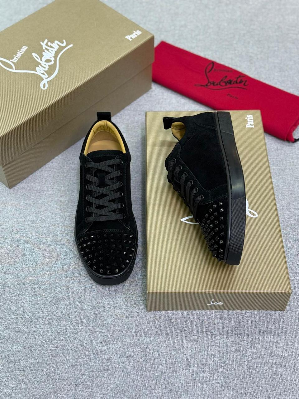 Christian Louboutin Louis Junior Spikes Black Suede Sneakers