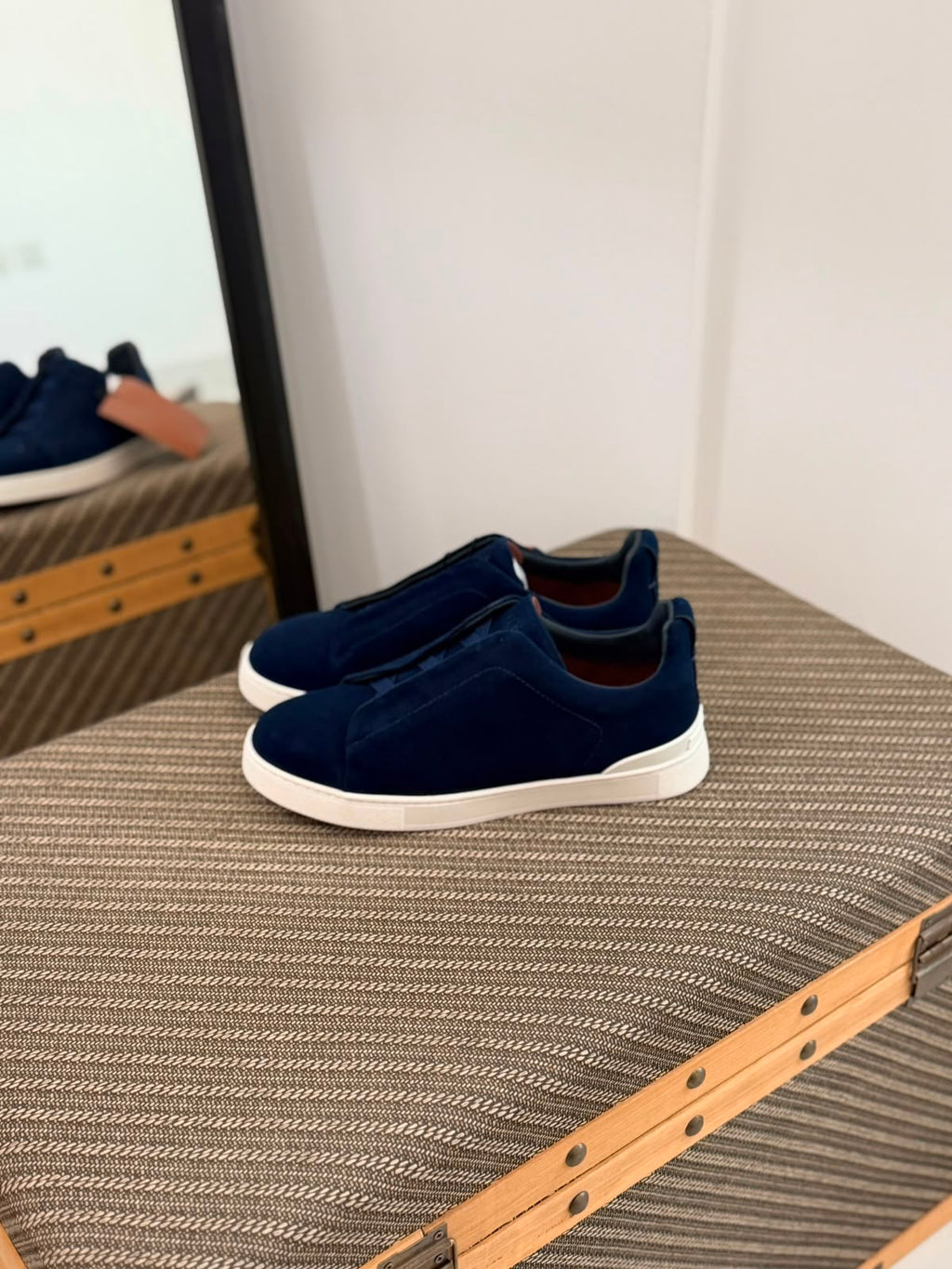 ZEGNA Triple Stitch Low-Top Sneakers (Navy Blue Suede)