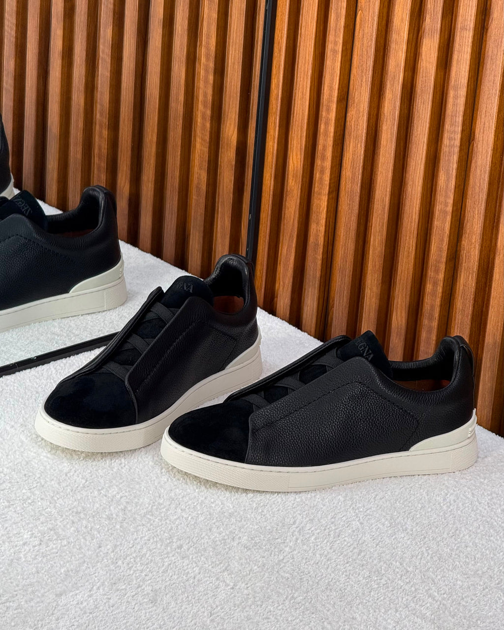ZEGNA Triple Stitch Low-Top Sneakers (Black / Off-White)