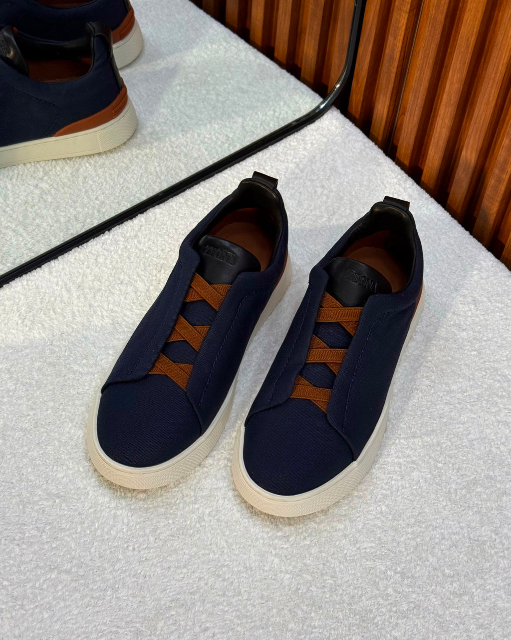 ZEGNA Triple Stitch™ Canvas Sneakers (Navy Blue & Vicuna)