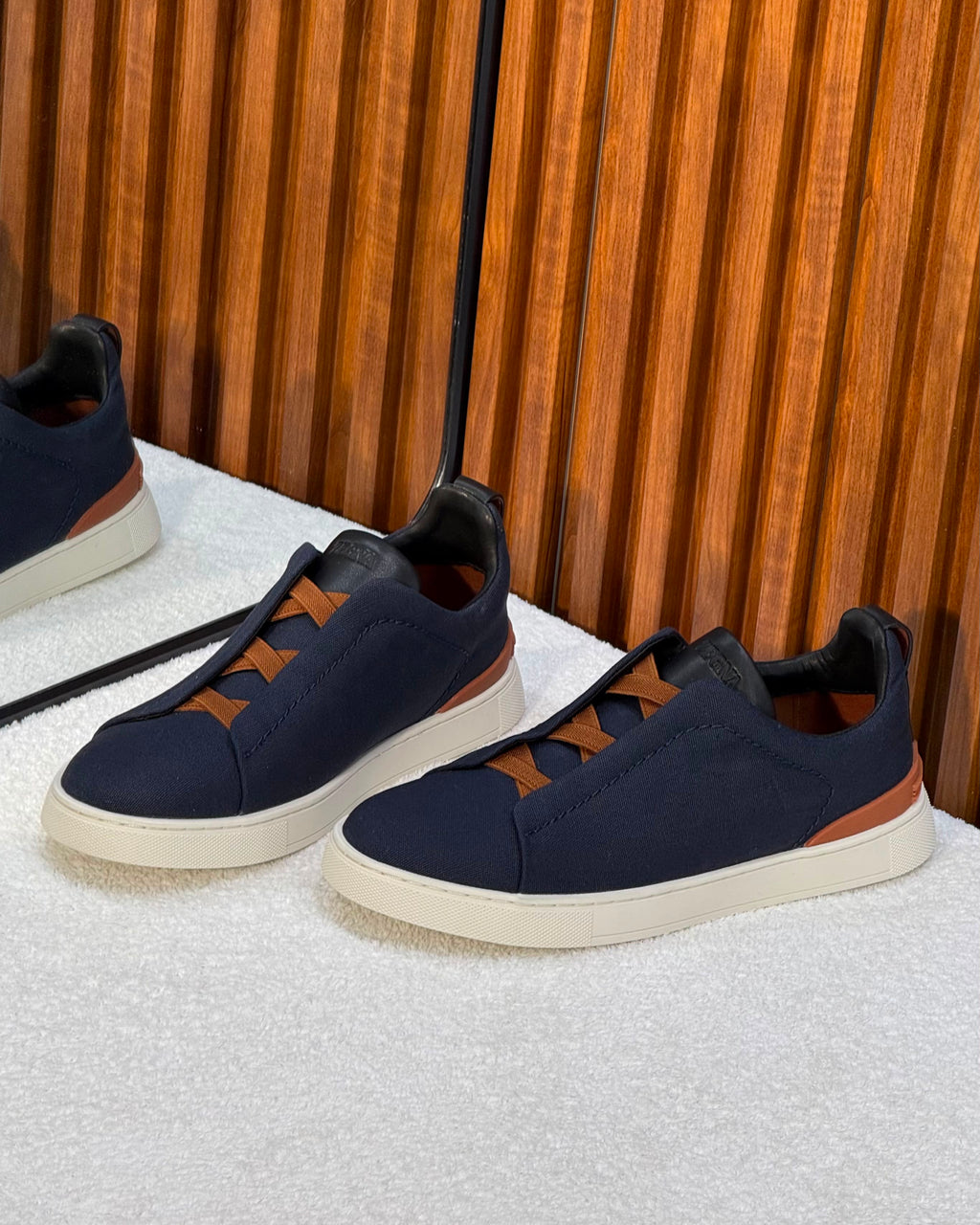 ZEGNA Triple Stitch™ Canvas Sneakers (Navy Blue & Vicuna)