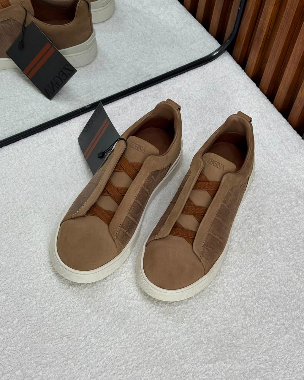 Zegna Triple Stitch Suede and Crocodile-Embossed Slip-On Sneakers (Beige / Tan)