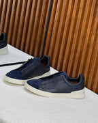 Zegna Triple Stitch Leather and Suede Slip-On Sneakers (Dark Navy)