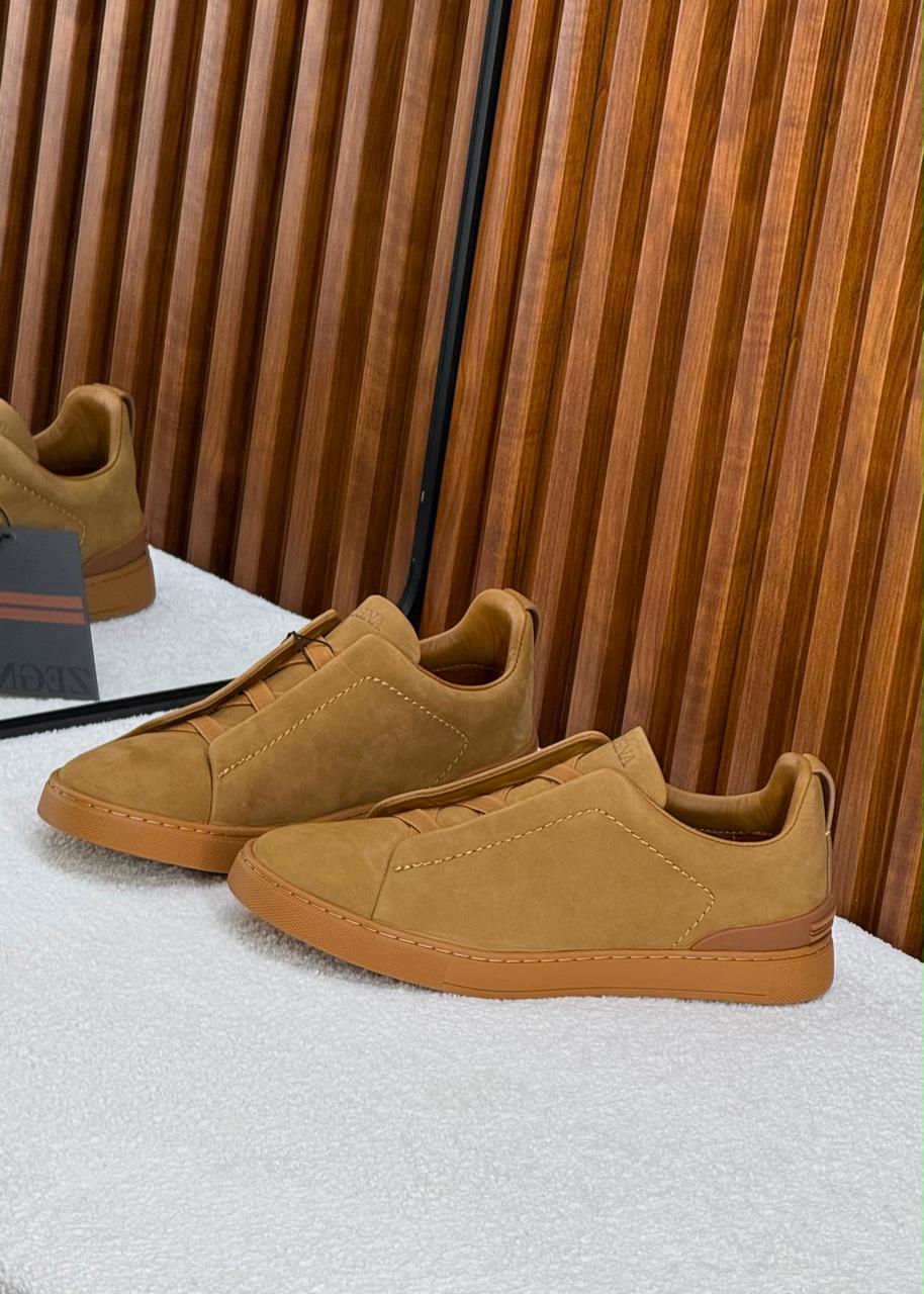 Zegna Triple Stitch Suede Slip-On Sneakers (Camel / Tan)