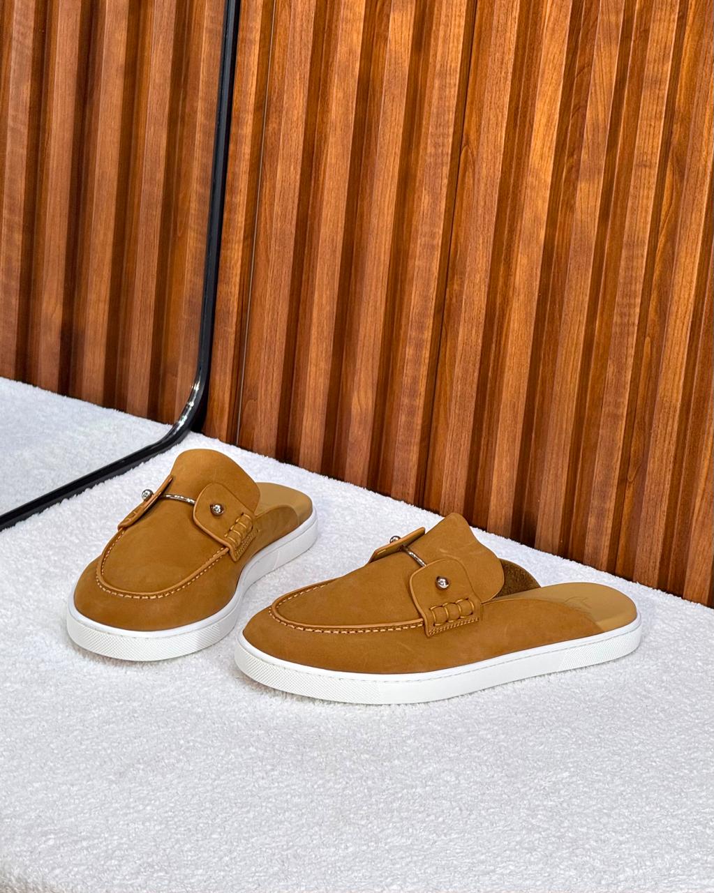 Christian Louboutin Chambelik Suede Backless Mules / Slip-On Loafers (Tan / Camel)