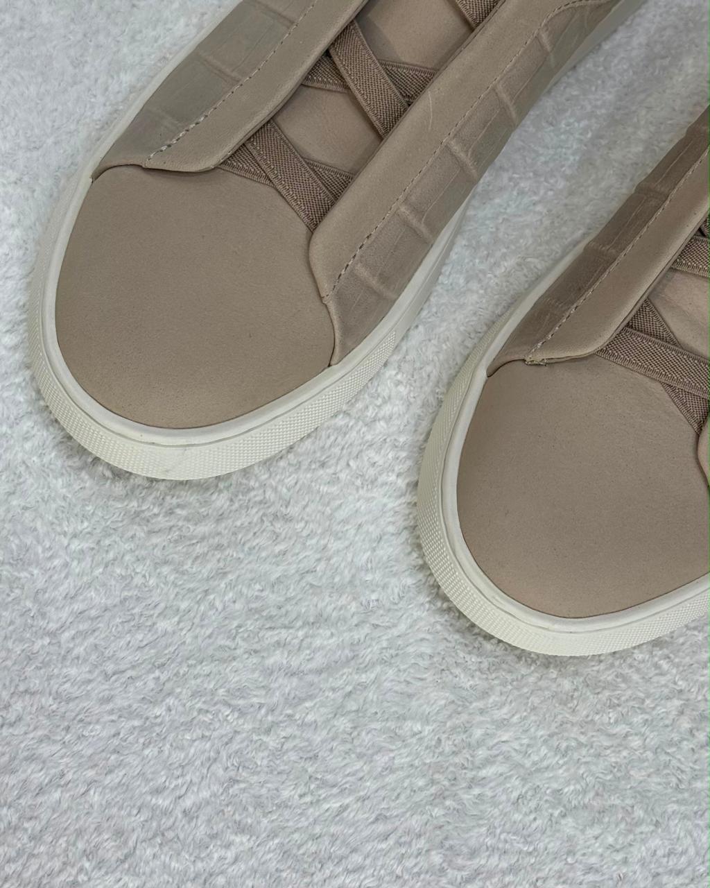 Zegna Triple Stitch Suede and Crocodile-Embossed Slip-On Sneakers (Beige / Nude)