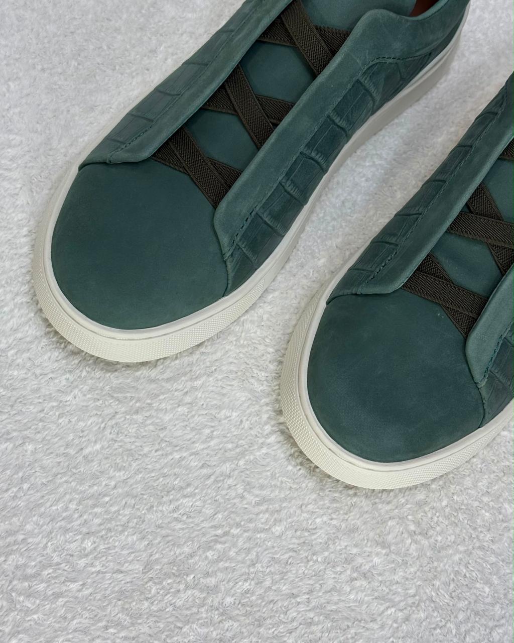 Zegna Triple Stitch Suede and Crocodile-Embossed Slip-On Sneakers (Sage Green / Olive)