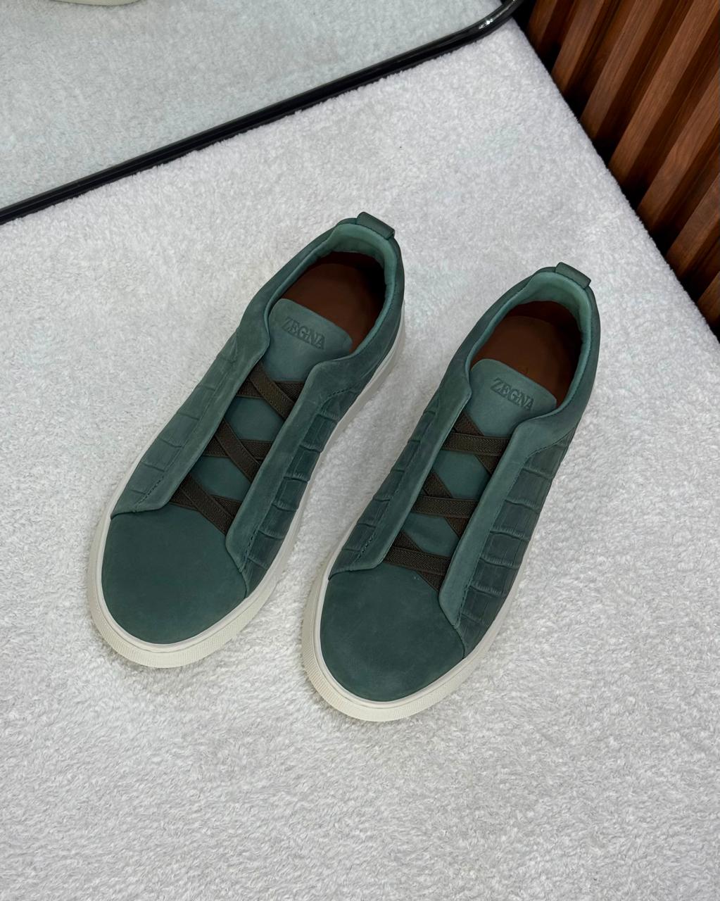 Zegna Triple Stitch Suede and Crocodile-Embossed Slip-On Sneakers (Sage Green / Olive)
