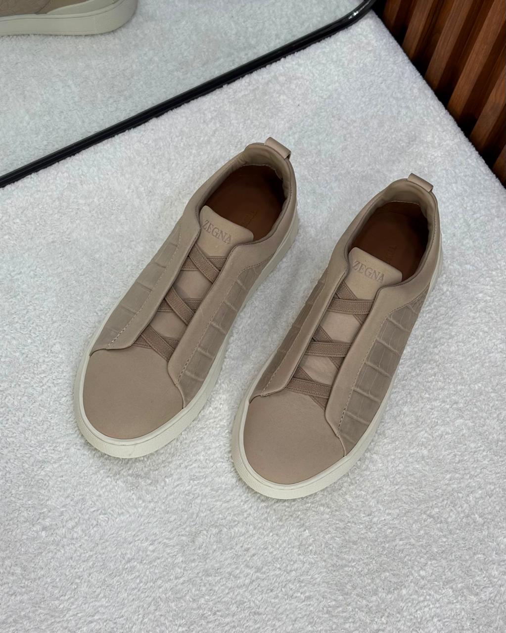 Zegna Triple Stitch Suede and Crocodile-Embossed Slip-On Sneakers (Beige / Nude)