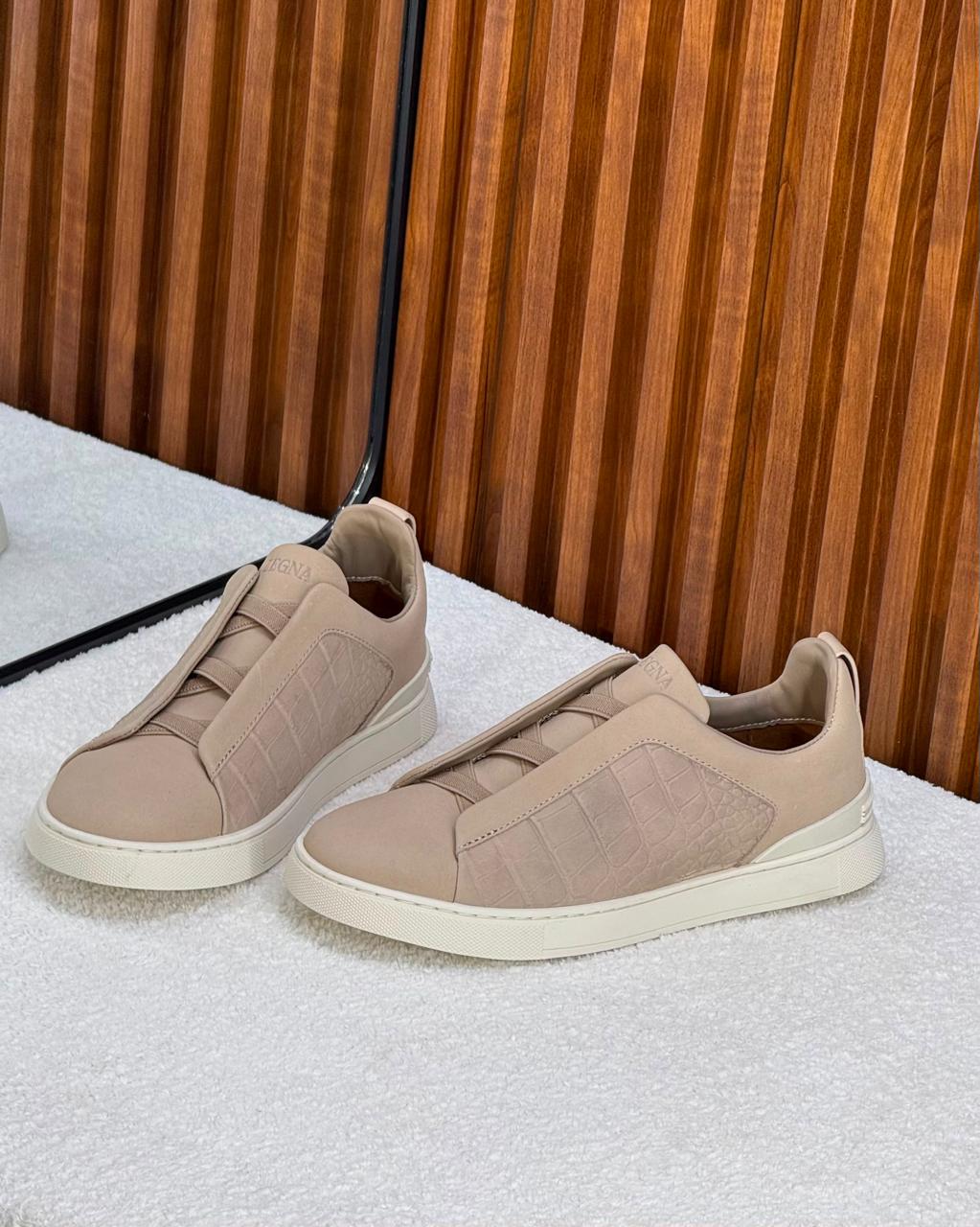 Zegna Triple Stitch Suede and Crocodile-Embossed Slip-On Sneakers (Beige / Nude)