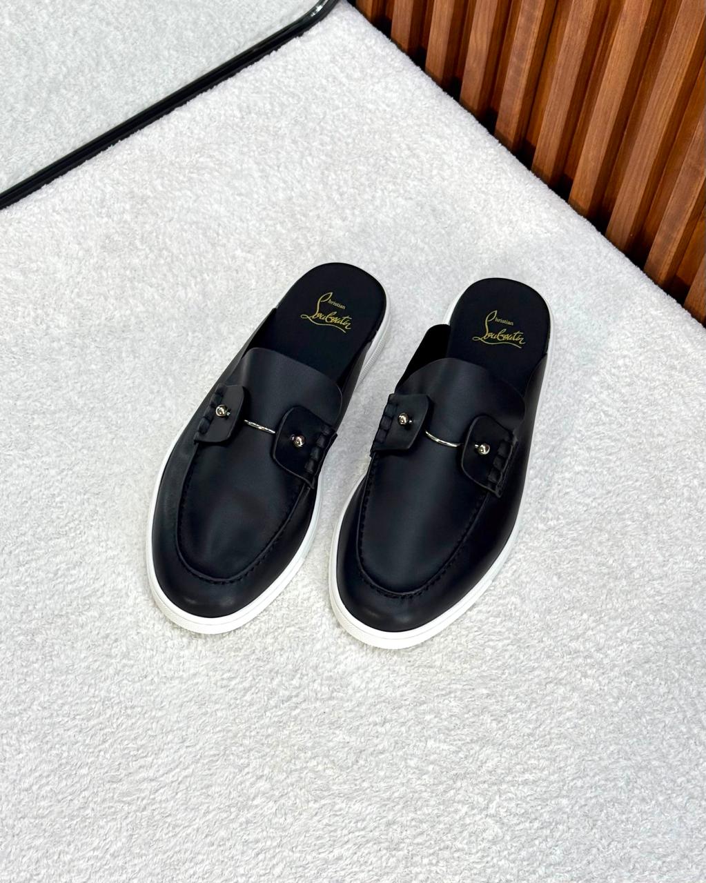 Christian Louboutin Chambelik Leather Backless Mules / Slip-On Loafers (Black)