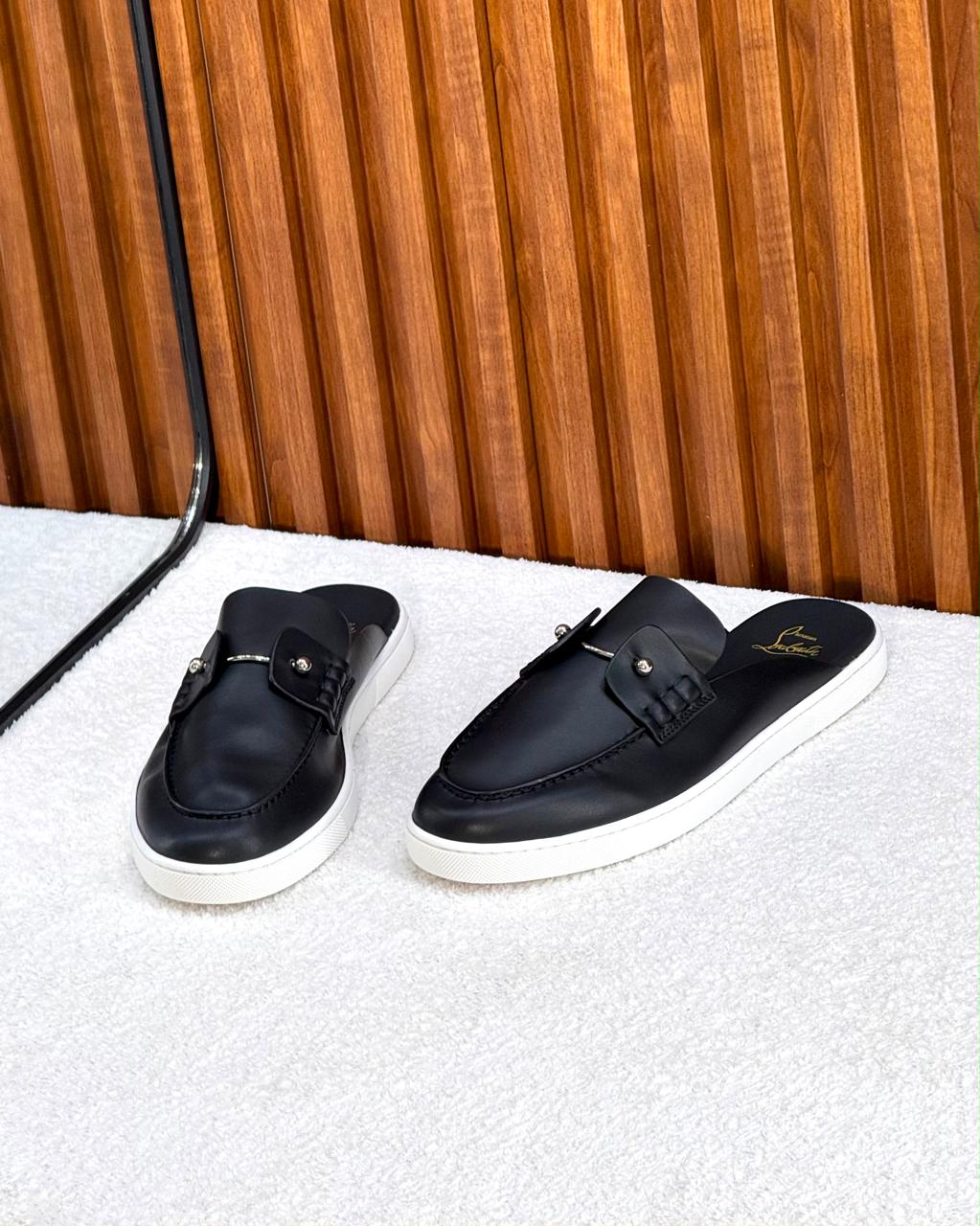 Christian Louboutin Chambelik Leather Backless Mules / Slip-On Loafers (Black)