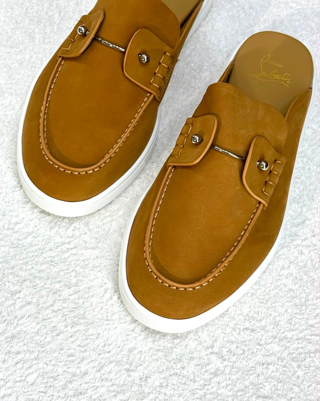 Christian Louboutin Chambelik Suede Backless Mules / Slip-On Loafers (Tan / Camel)