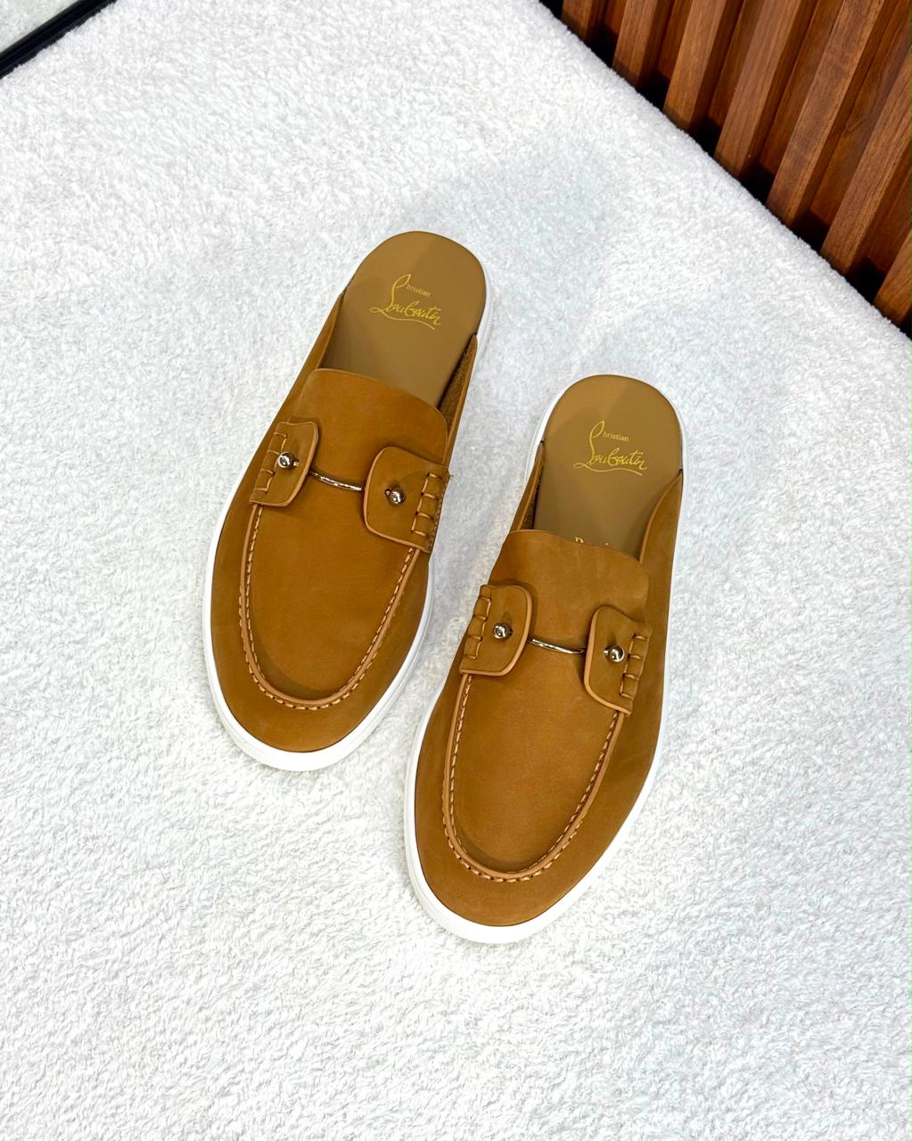 Christian Louboutin Chambelik Suede Backless Mules / Slip-On Loafers (Tan / Camel)