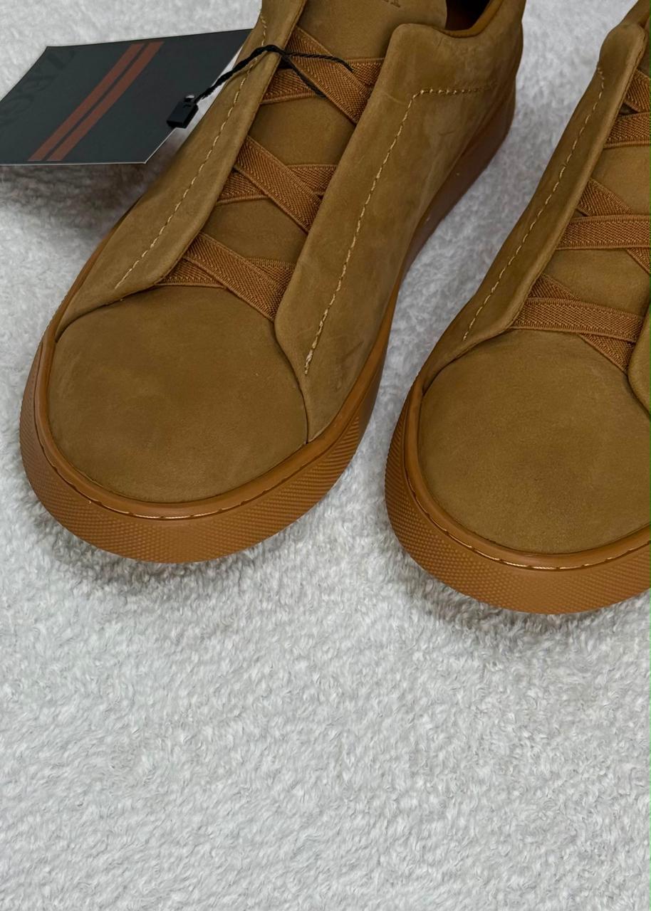 Zegna Triple Stitch Suede Slip-On Sneakers (Camel / Tan)