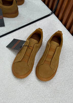 Zegna Triple Stitch Suede Slip-On Sneakers (Camel / Tan)