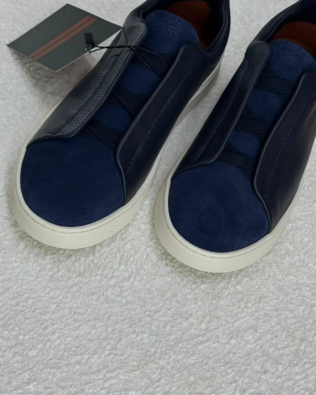 Zegna Triple Stitch Leather and Suede Slip-On Sneakers (Dark Navy)