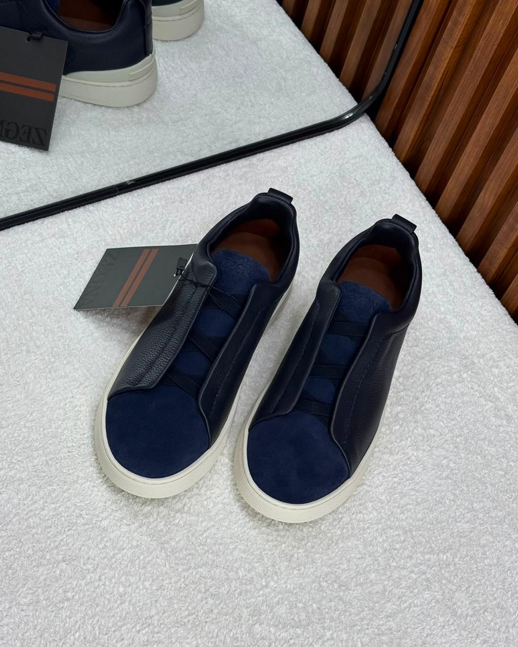 Zegna Triple Stitch Leather and Suede Slip-On Sneakers (Dark Navy)