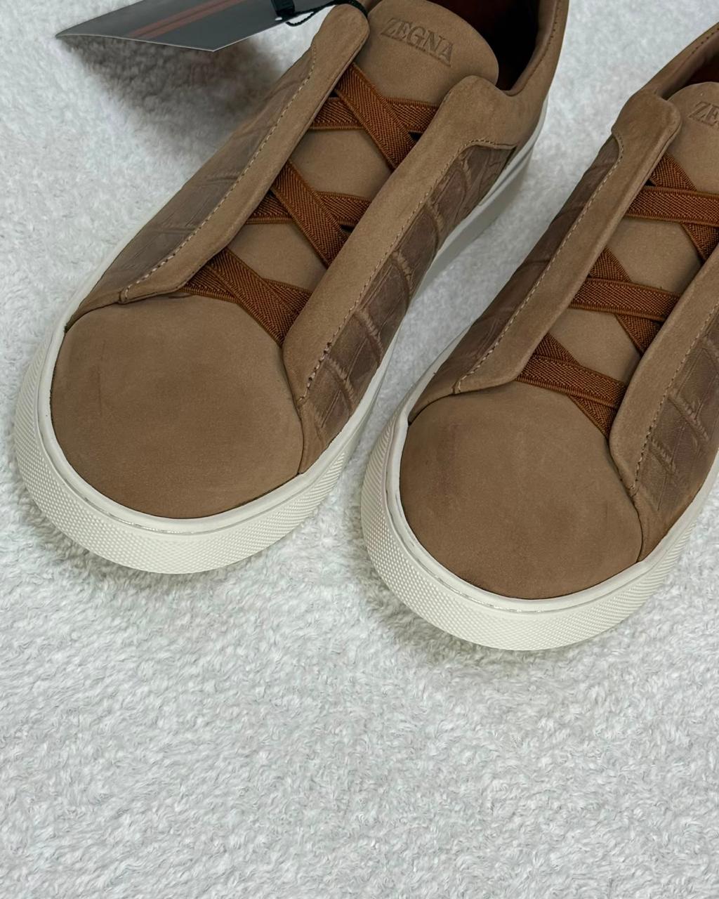 Zegna Triple Stitch Suede and Crocodile-Embossed Slip-On Sneakers (Beige / Tan)
