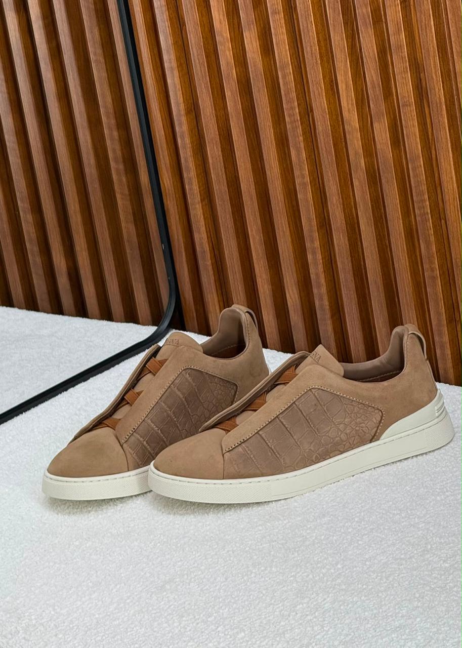 Zegna Triple Stitch Suede and Crocodile-Embossed Slip-On Sneakers (Beige / Tan)