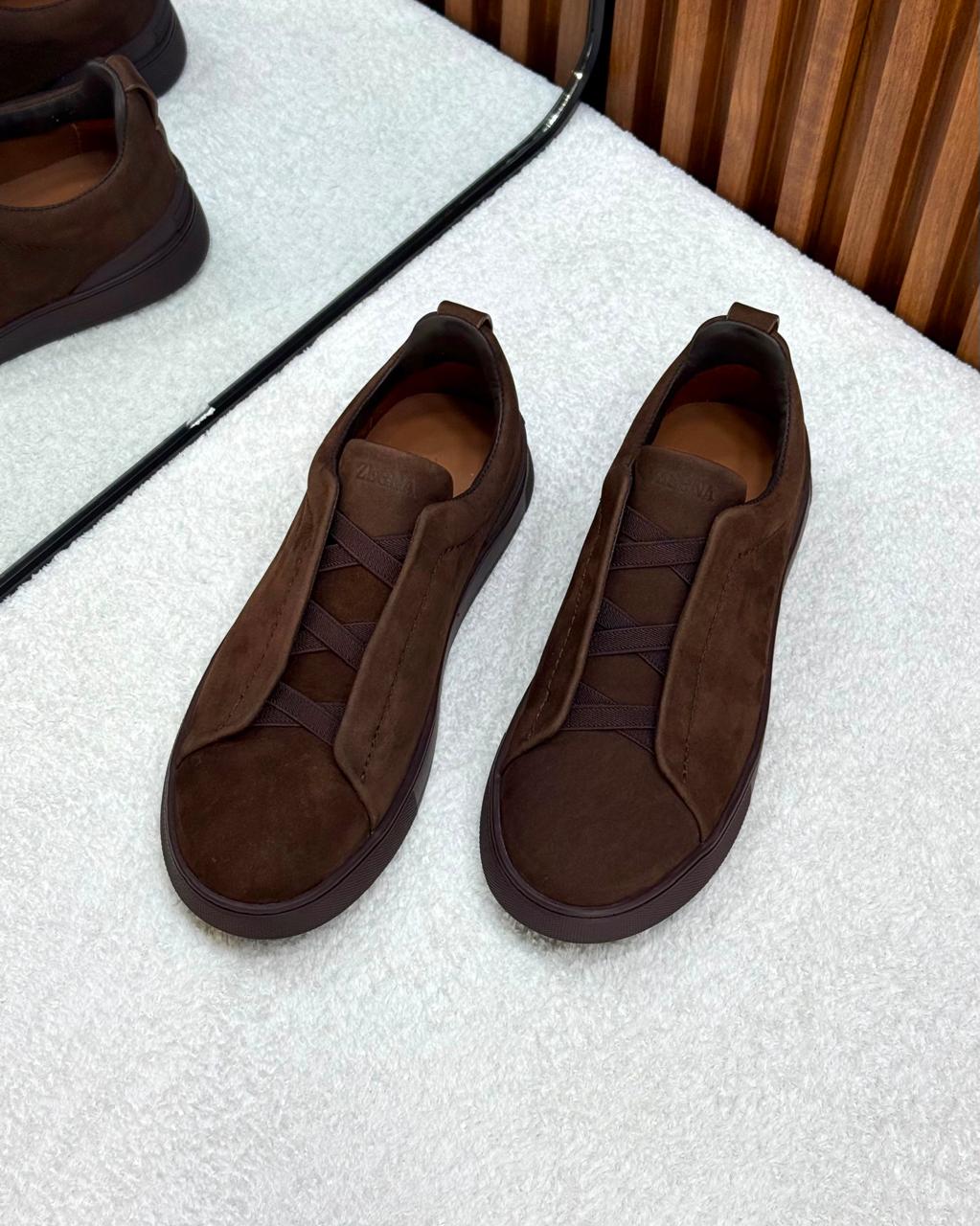 Zegna Triple Stitch Suede Slip-On Sneakers (Dark Brown)