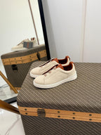 Zegna Triple Stitch Canvas and Leather Slip-On Sneakers (Off-White / Brown)