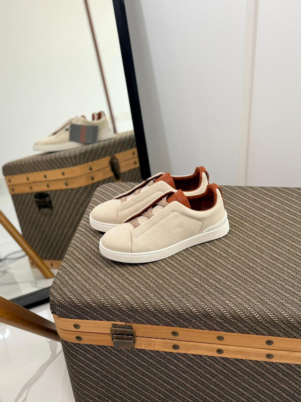 Zegna Triple Stitch Canvas and Leather Slip-On Sneakers (Off-White / Brown)