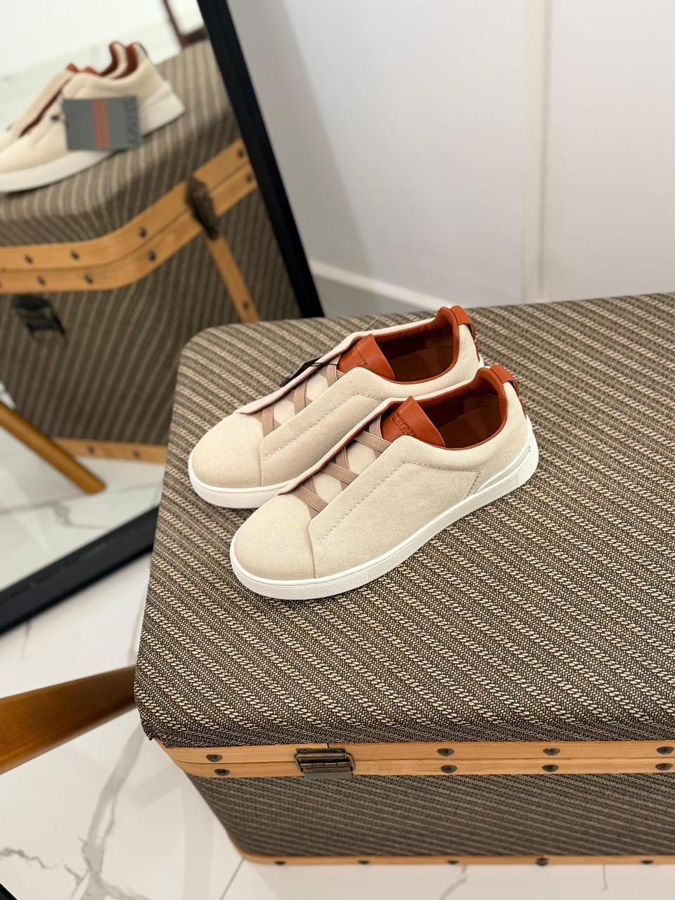 Zegna Triple Stitch Canvas and Leather Slip-On Sneakers (Off-White / Brown)